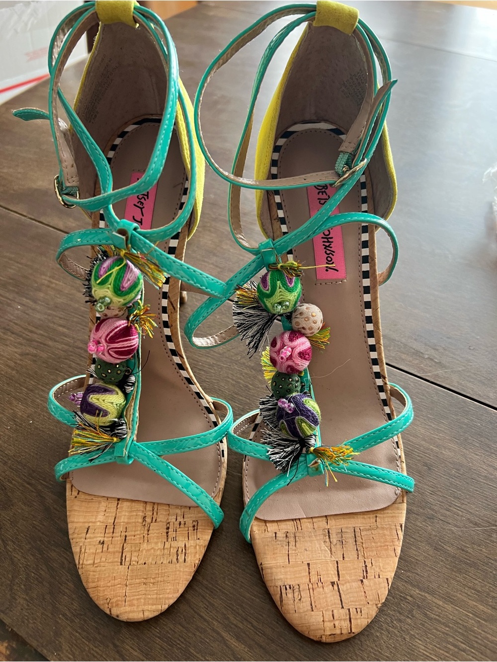 Betsey Johnson Teal and Yellow Beaded Cork T-Strap Heels